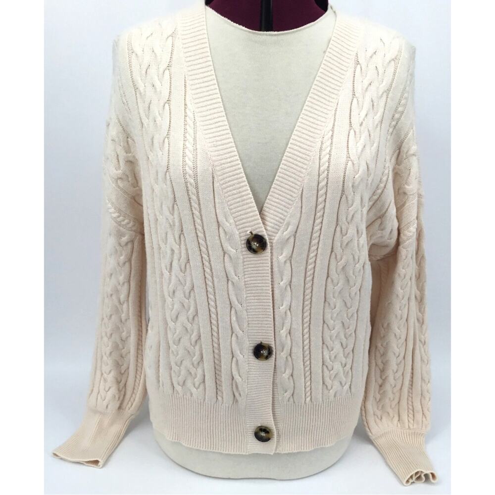 Marled Womens Large Cream Cable Knit Cardigan Sweater Button Front Preppy